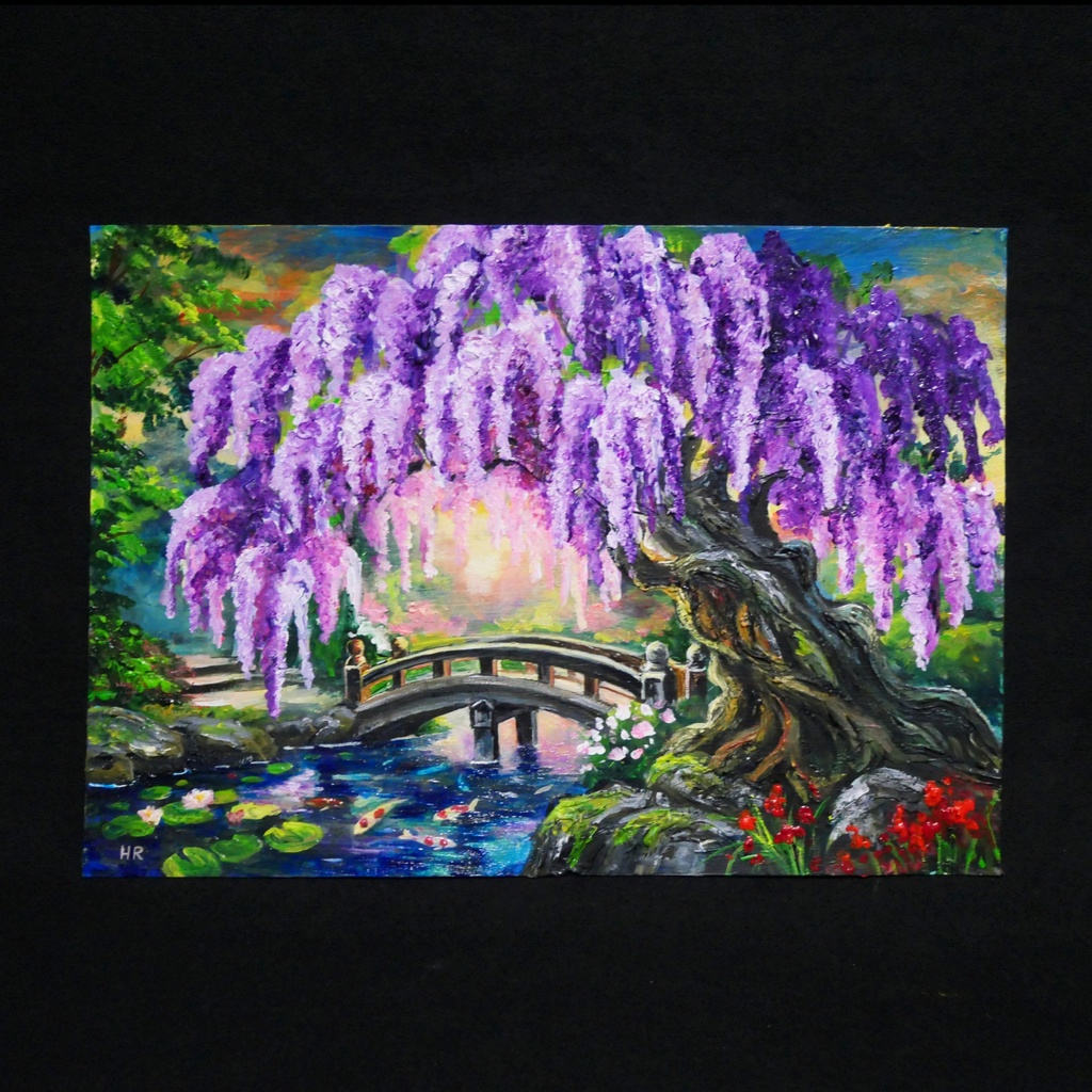 【一点物】藤の季節の風景画「紫烟の雫、静寂の庭」油彩画 (額装込)母の日ギフト