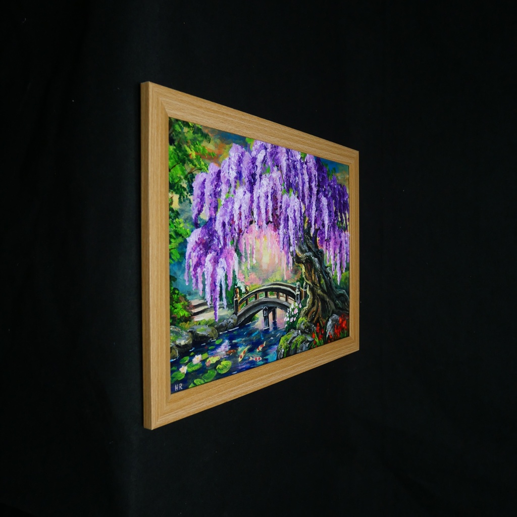 【一点物】藤の季節の風景画「紫烟の雫、静寂の庭」油彩画 (額装込)母の日ギフト