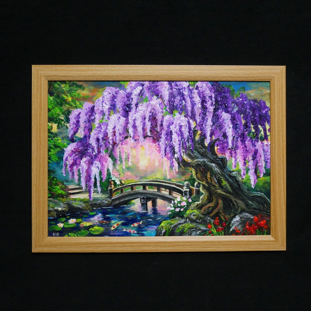 【一点物】藤の季節の風景画「紫烟の雫、静寂の庭」油彩画 (額装込)母の日ギフト