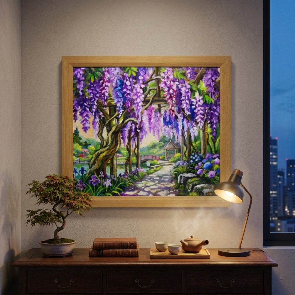 【一点物】「光降る藤の庭 ~初夏の風と紫陽花に癒されて~ 油絵 原画」(額装込)母の日ギフト