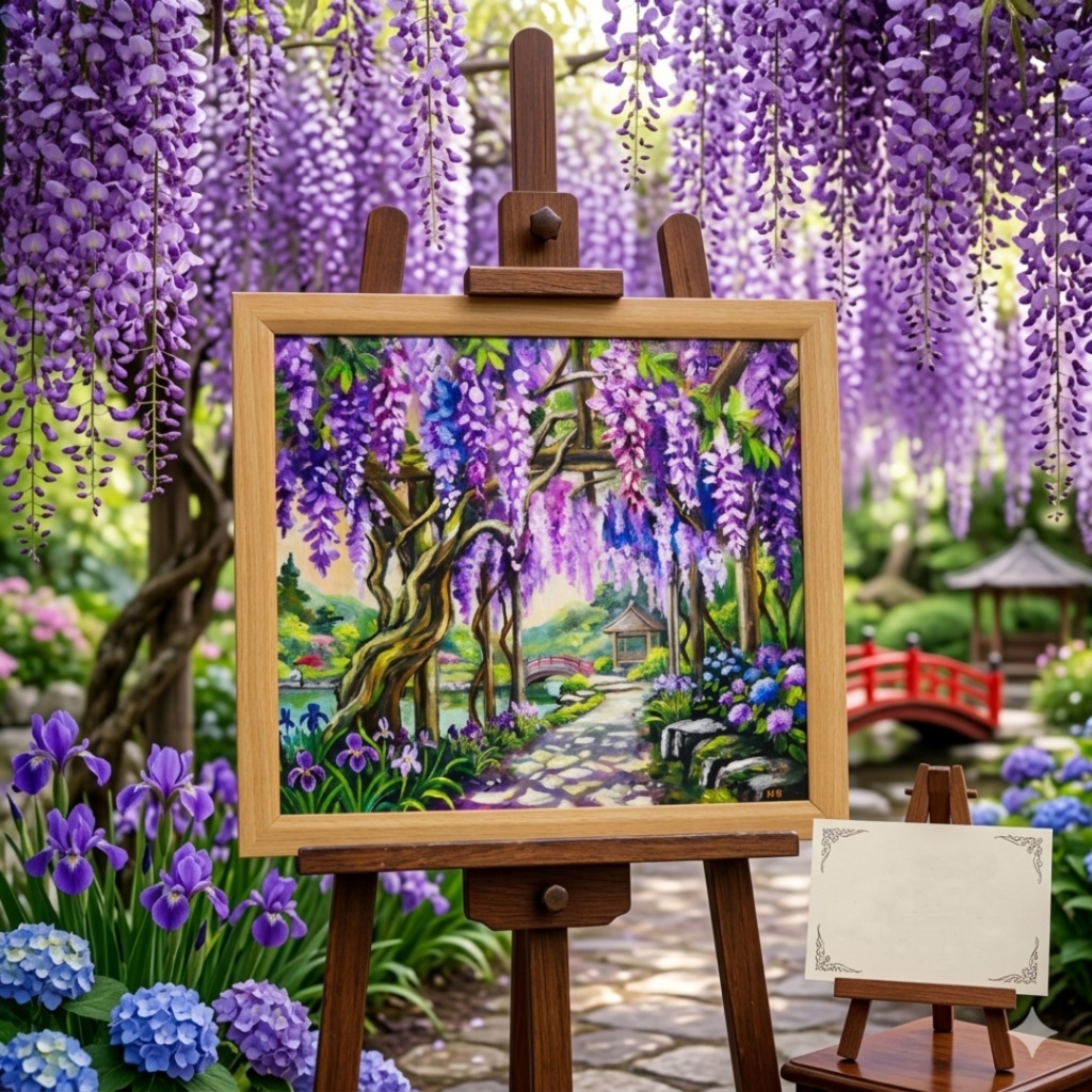 【一点物】「光降る藤の庭 ~初夏の風と紫陽花に癒されて~ 油絵 原画」(額装込)母の日ギフト