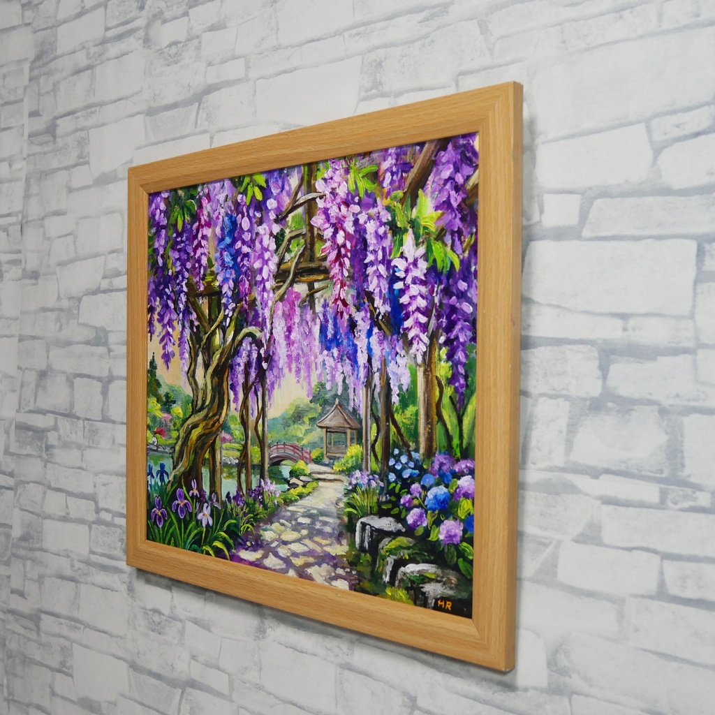 【一点物】「光降る藤の庭 ~初夏の風と紫陽花に癒されて~ 油絵 原画」(額装込)母の日ギフト