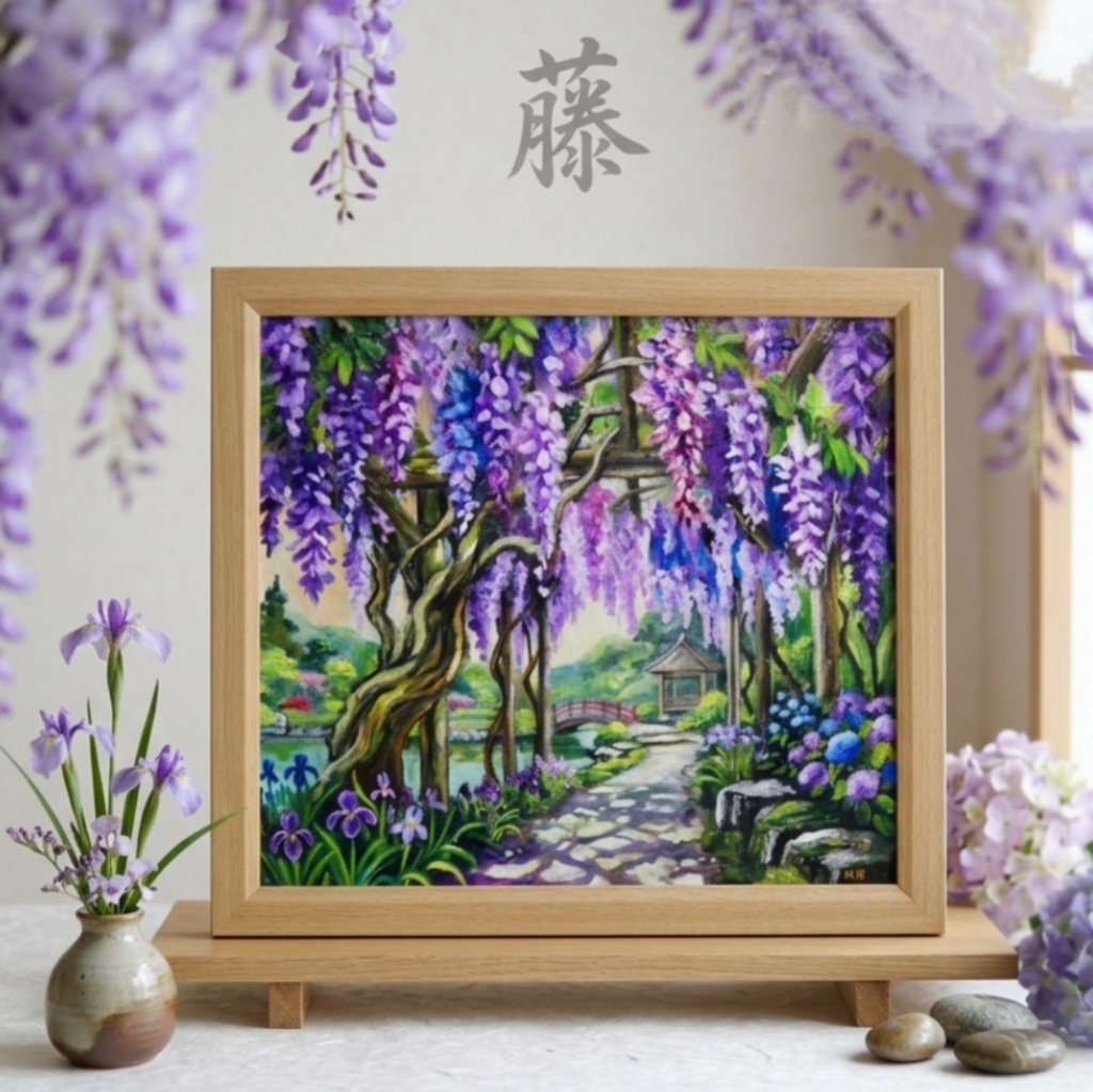 【一点物】「光降る藤の庭 ~初夏の風と紫陽花に癒されて~ 油絵 原画」(額装込)母の日ギフト