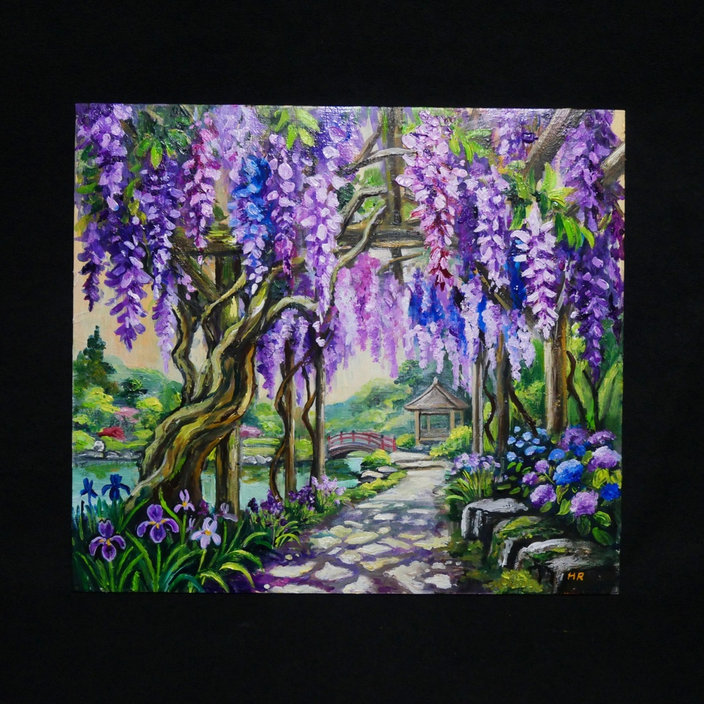 【一点物】「光降る藤の庭 ~初夏の風と紫陽花に癒されて~ 油絵 原画」(額装込)母の日ギフト