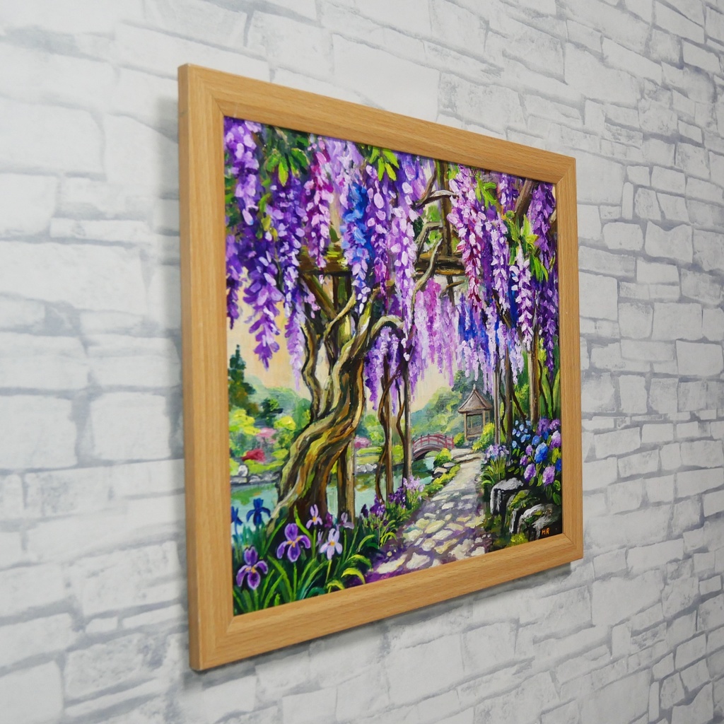 【一点物】「光降る藤の庭 ~初夏の風と紫陽花に癒されて~ 油絵 原画」(額装込)母の日ギフト