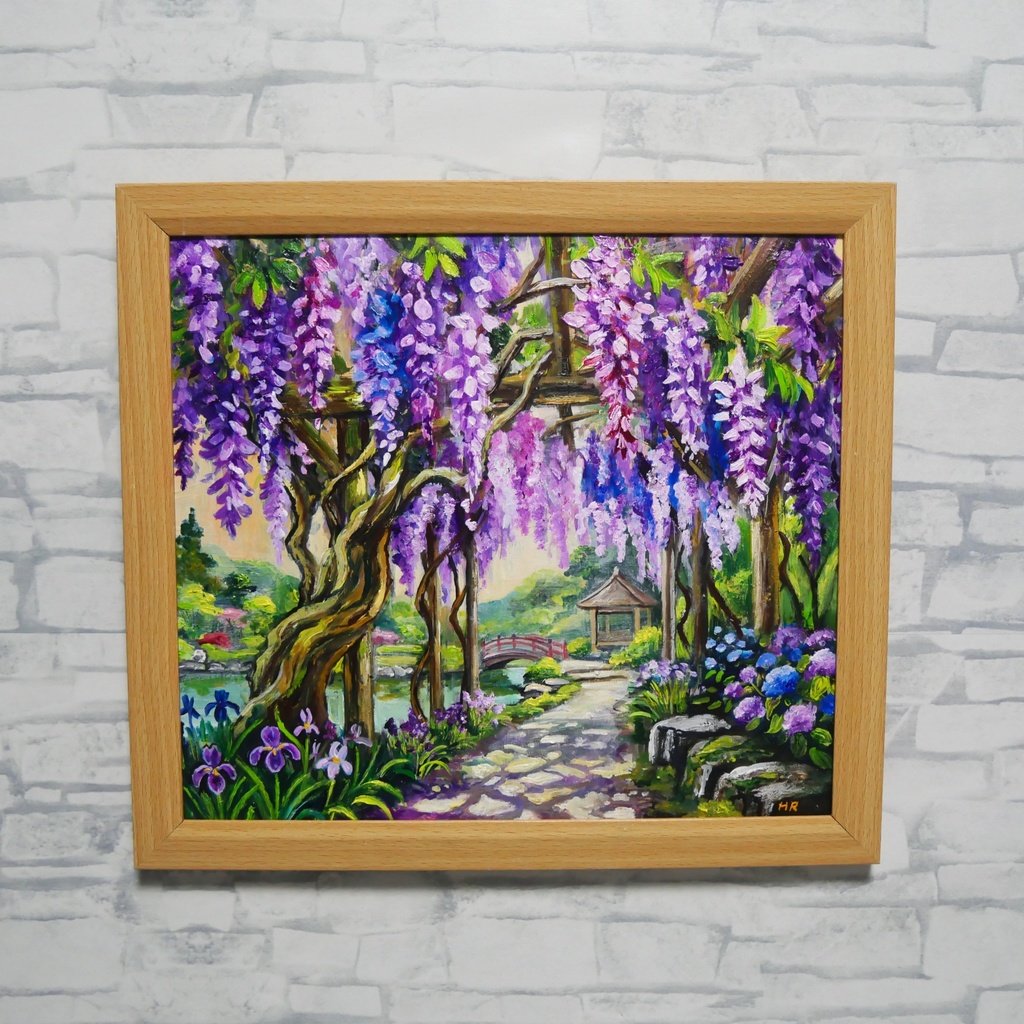 【一点物】「光降る藤の庭 ~初夏の風と紫陽花に癒されて~ 油絵 原画」(額装込)母の日ギフト
