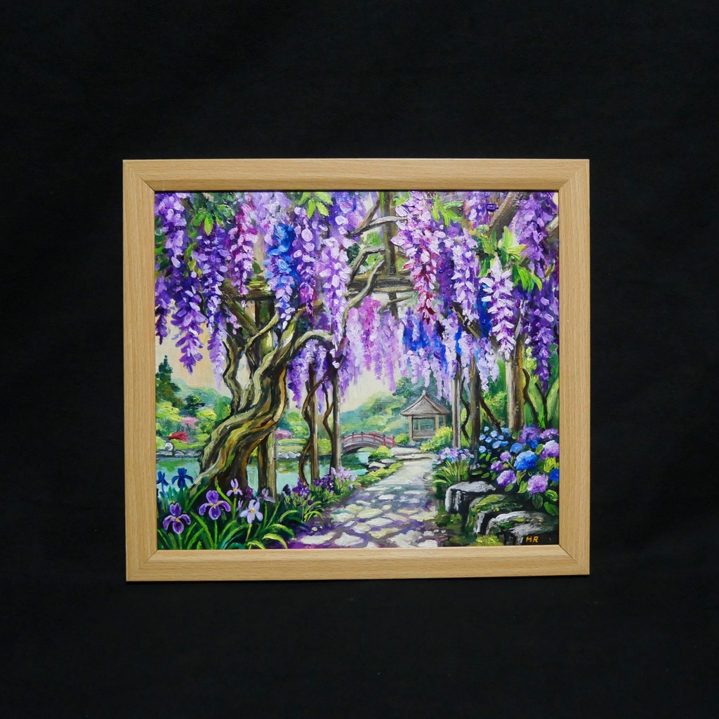 【一点物】「光降る藤の庭 ~初夏の風と紫陽花に癒されて~ 油絵 原画」(額装込)母の日ギフト