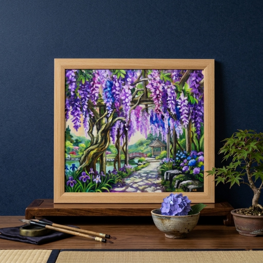 【一点物】「光降る藤の庭 ～初夏の風と紫陽花に癒されて～ 油絵 原画」（額装込）母の日ギフト