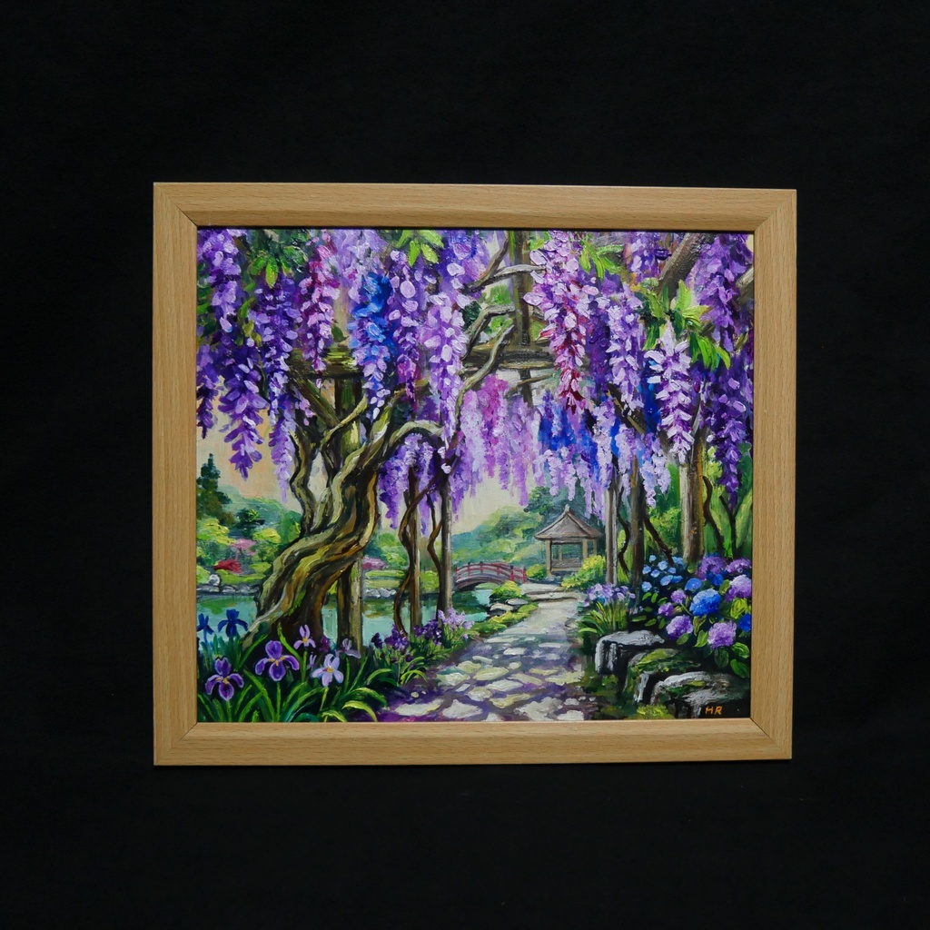 【一点物】「光降る藤の庭 ~初夏の風と紫陽花に癒されて~ 油絵 原画」(額装込)母の日ギフト