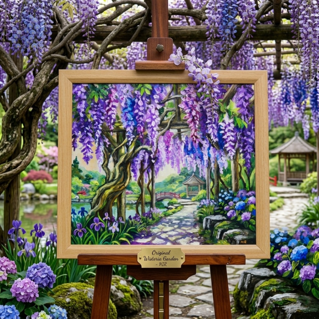 【一点物】「光降る藤の庭 ~初夏の風と紫陽花に癒されて~ 油絵 原画」(額装込)母の日ギフト