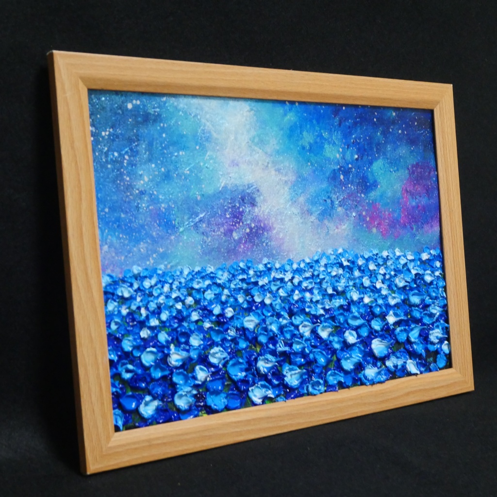 【一点物】油絵 原画【Eternal Blue —無限の青—】風景画 ネモフィラ 天の川 青い絵 額装込