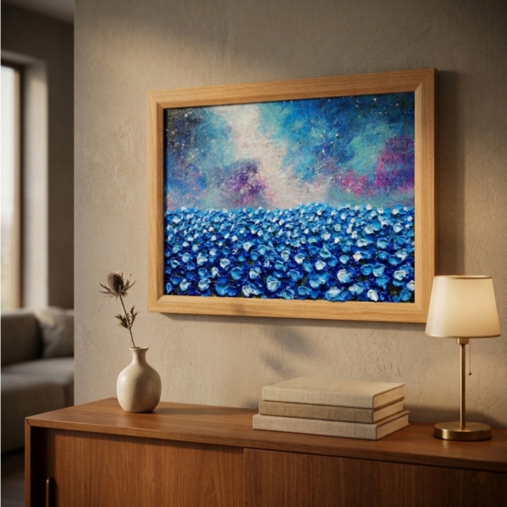 【一点物】油絵 原画【Eternal Blue —無限の青—】風景画 ネモフィラ 天の川 青い絵 額装込