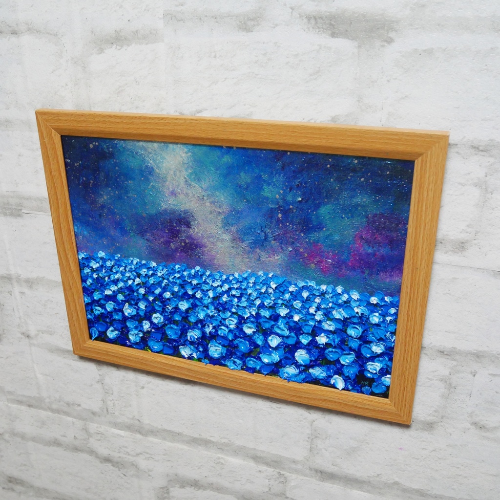 【一点物】油絵 原画【Eternal Blue —無限の青—】風景画 ネモフィラ 天の川 青い絵 額装込