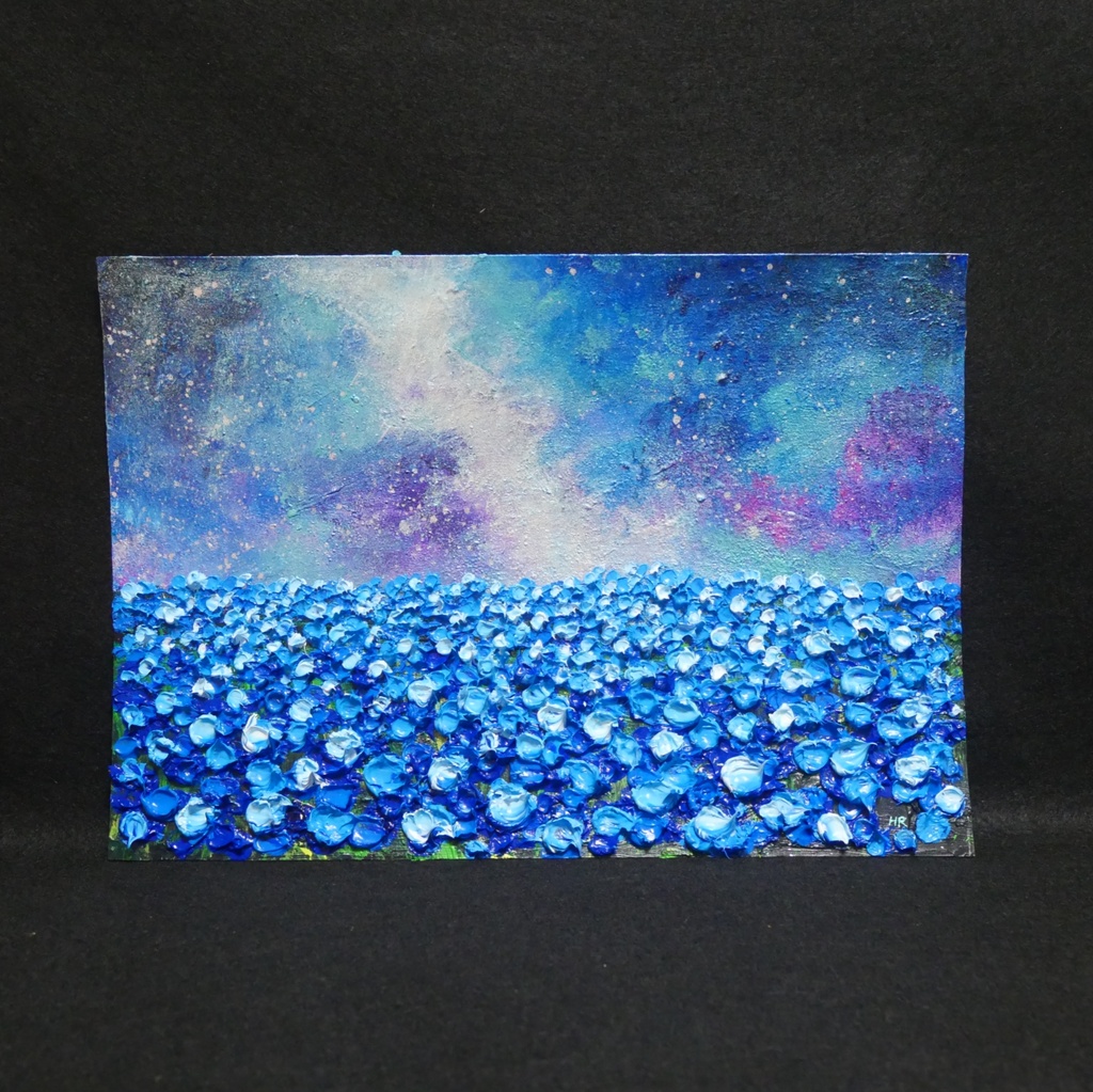 【一点物】油絵 原画【Eternal Blue —無限の青—】風景画 ネモフィラ 天の川 青い絵 額装込
