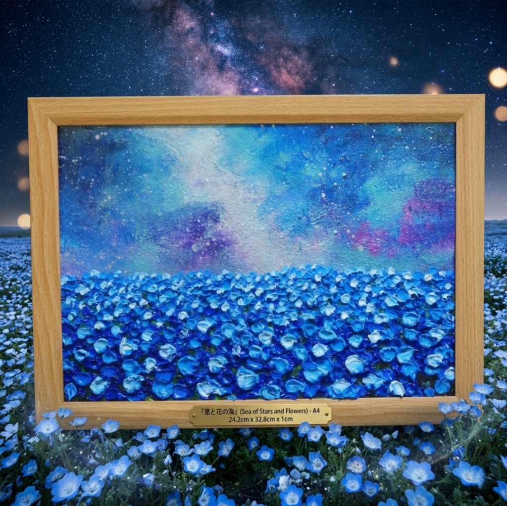 【一点物】油絵 原画【Eternal Blue —無限の青—】風景画 ネモフィラ 天の川 青い絵 額装込