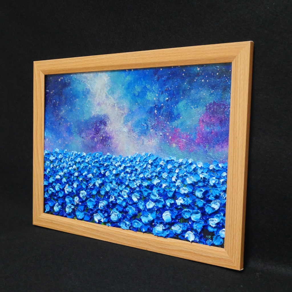 【一点物】油絵 原画【Eternal Blue —無限の青—】風景画 ネモフィラ 天の川 青い絵 額装込