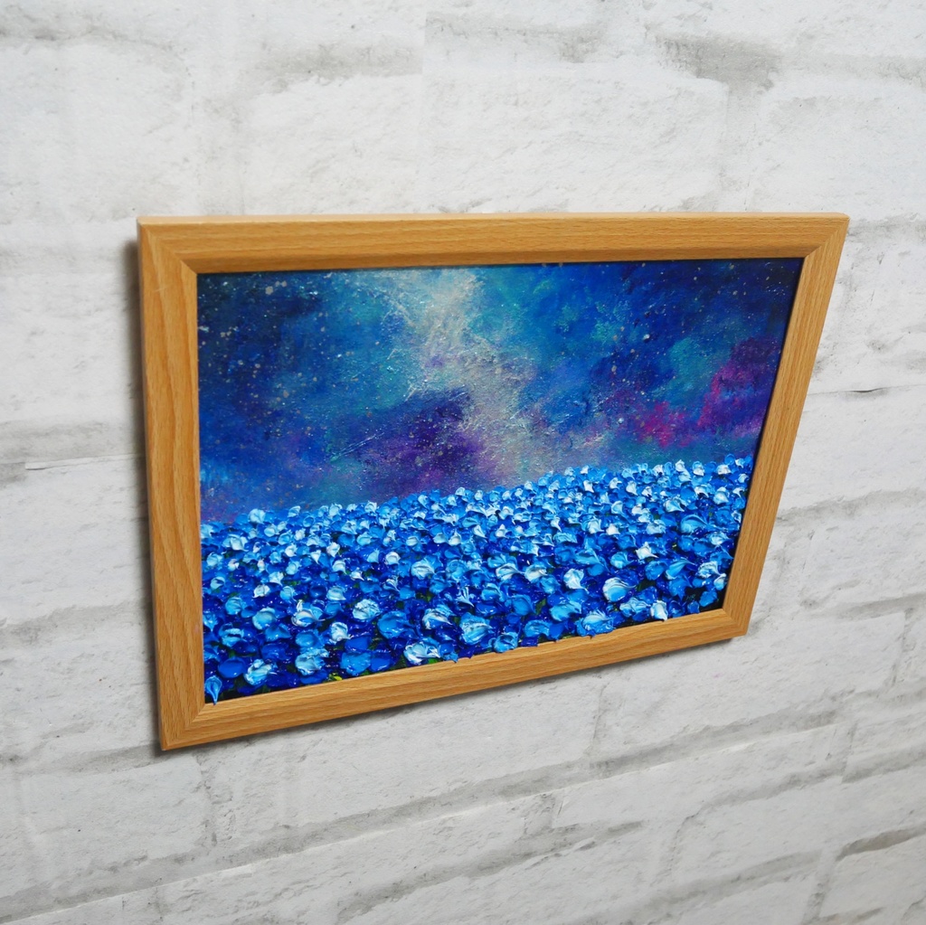 【一点物】油絵 原画【Eternal Blue —無限の青—】風景画 ネモフィラ 天の川 青い絵 額装込