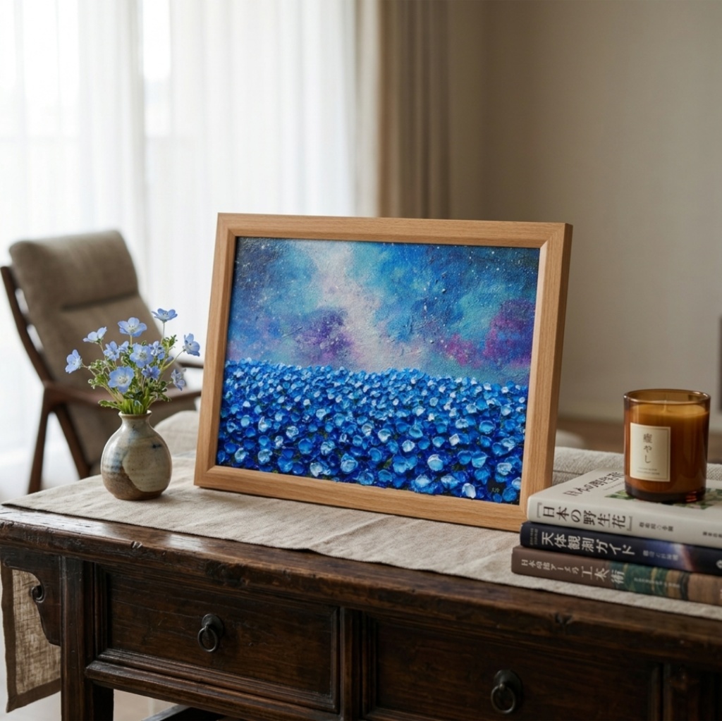 【一点物】油絵 原画【Eternal Blue —無限の青—】風景画 ネモフィラ 天の川 青い絵 額装込