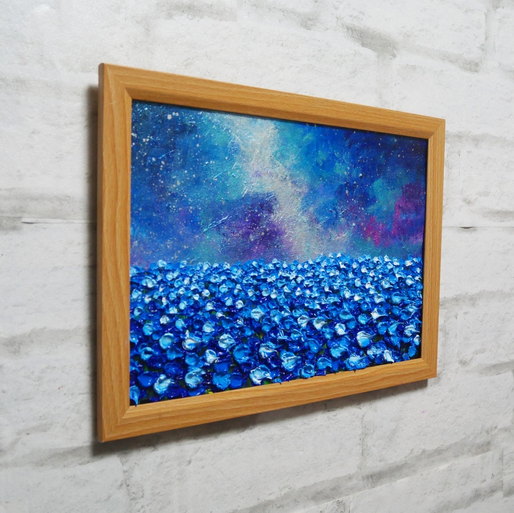 【一点物】油絵 原画【Eternal Blue —無限の青—】風景画 ネモフィラ 天の川 青い絵 額装込