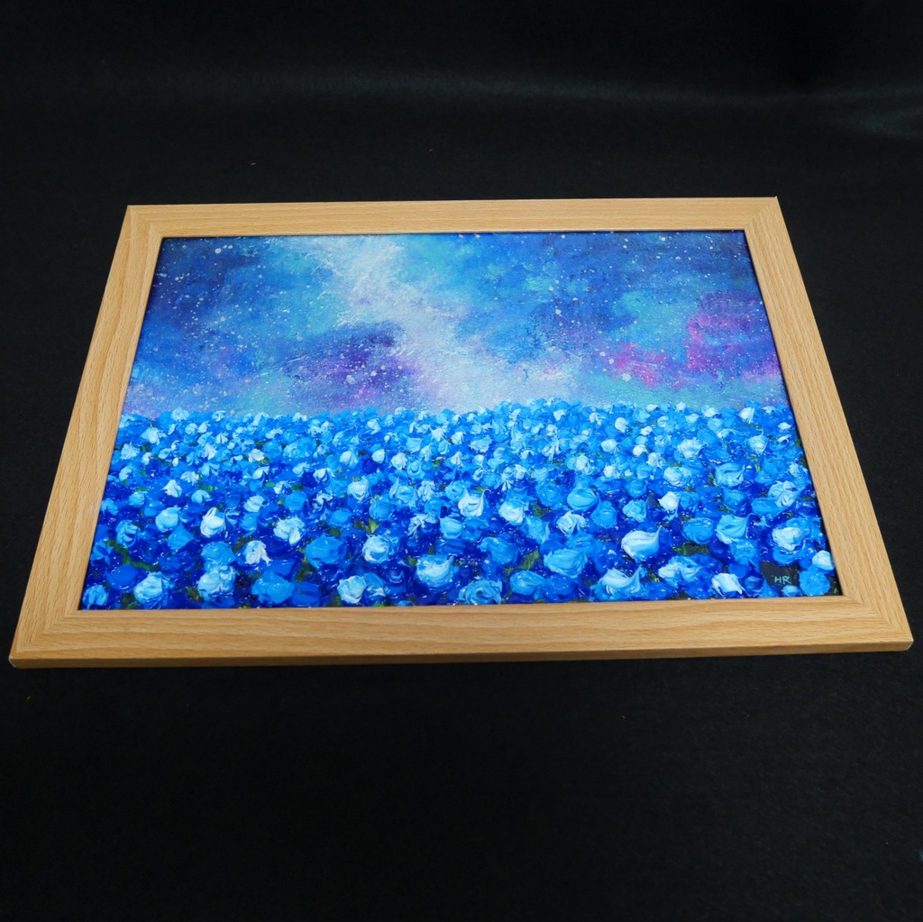 【一点物】油絵 原画【Eternal Blue —無限の青—】風景画 ネモフィラ 天の川 青い絵 額装込