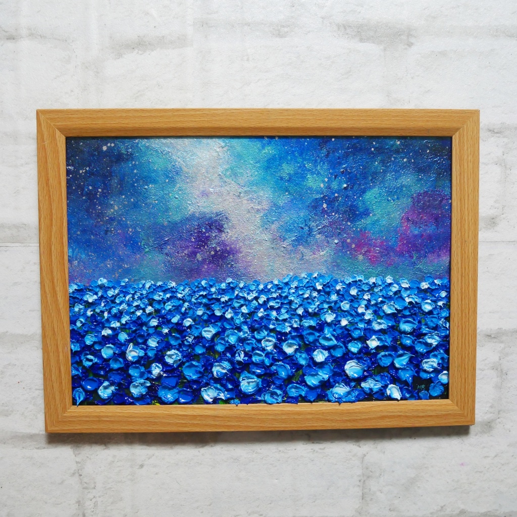 【一点物】油絵 原画【Eternal Blue —無限の青—】風景画 ネモフィラ 天の川 青い絵 額装込