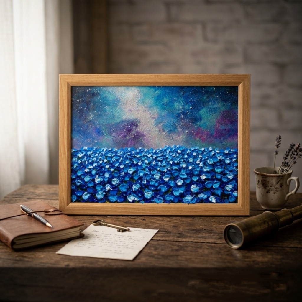 【一点物】油絵 原画【Eternal Blue —無限の青—】風景画 ネモフィラ 天の川 青い絵 額装込