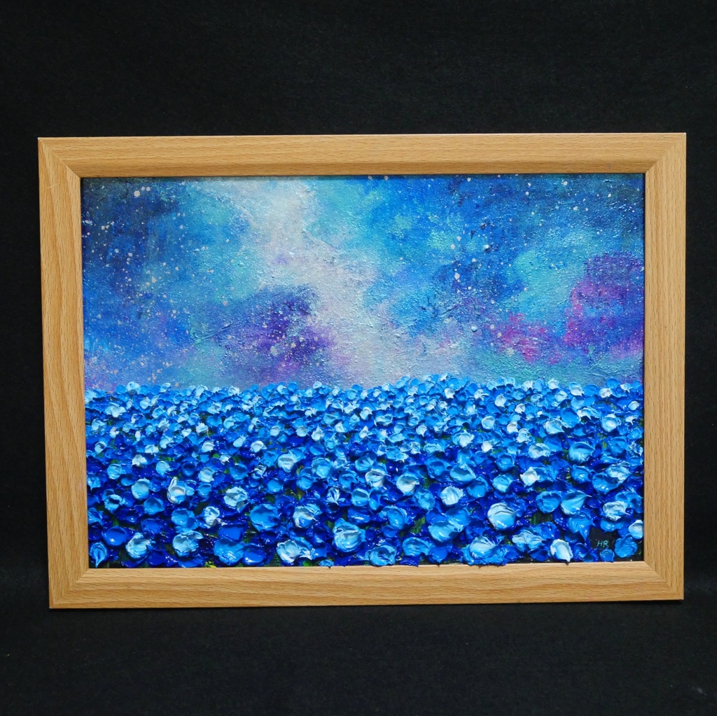 【一点物】油絵 原画【Eternal Blue —無限の青—】風景画 ネモフィラ 天の川 青い絵 額装込