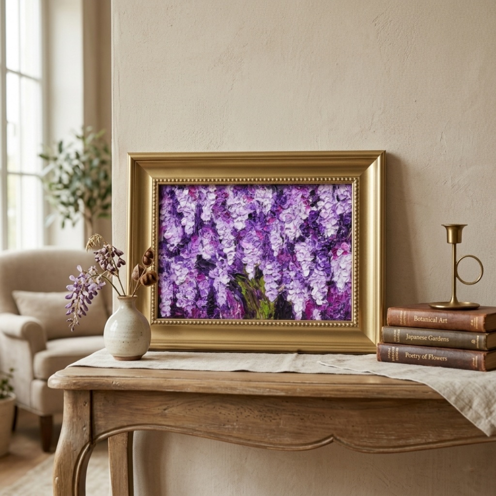 油絵 原画【藤の花】|春を彩る紫の情景|風景画 インテリア ミニ絵画