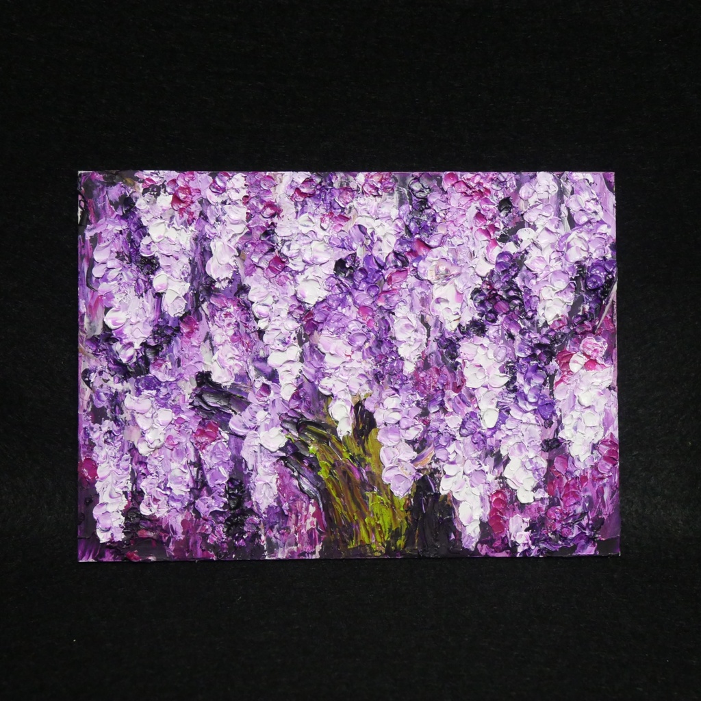 油絵 原画【藤の花】|春を彩る紫の情景|風景画 インテリア ミニ絵画