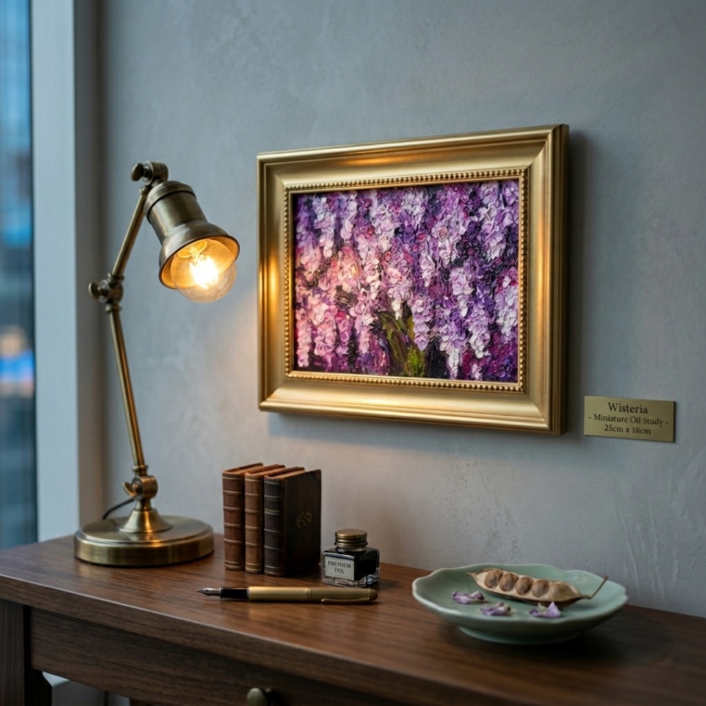 油絵 原画【藤の花】|春を彩る紫の情景|風景画 インテリア ミニ絵画