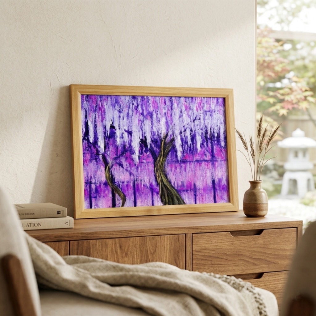 【原画一点物】天空から降る紫のシャンデリア 〜初夏の風に揺れる藤の花〜 油絵 額装込