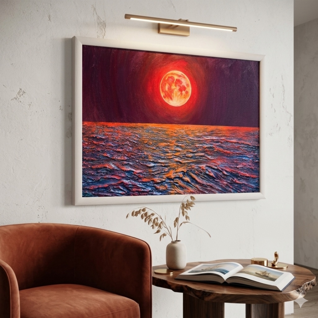 『明日へのプロローグ』紅に染まる海と輝く満月|油絵 原画