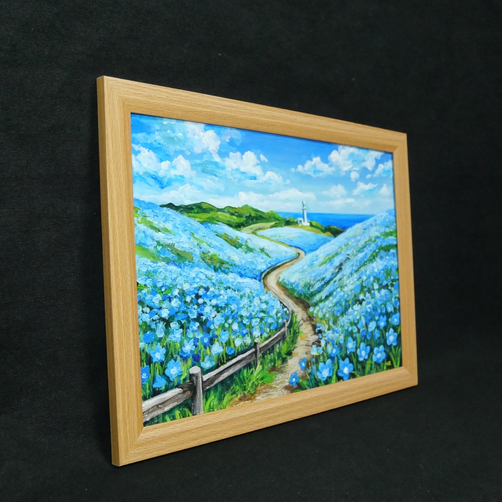 油絵 絵画 原画【奇跡の青に染まる岬】海 風景画 ネモフィラ 灯台 春 初夏 青 ブルー 額縁 インテリアアート