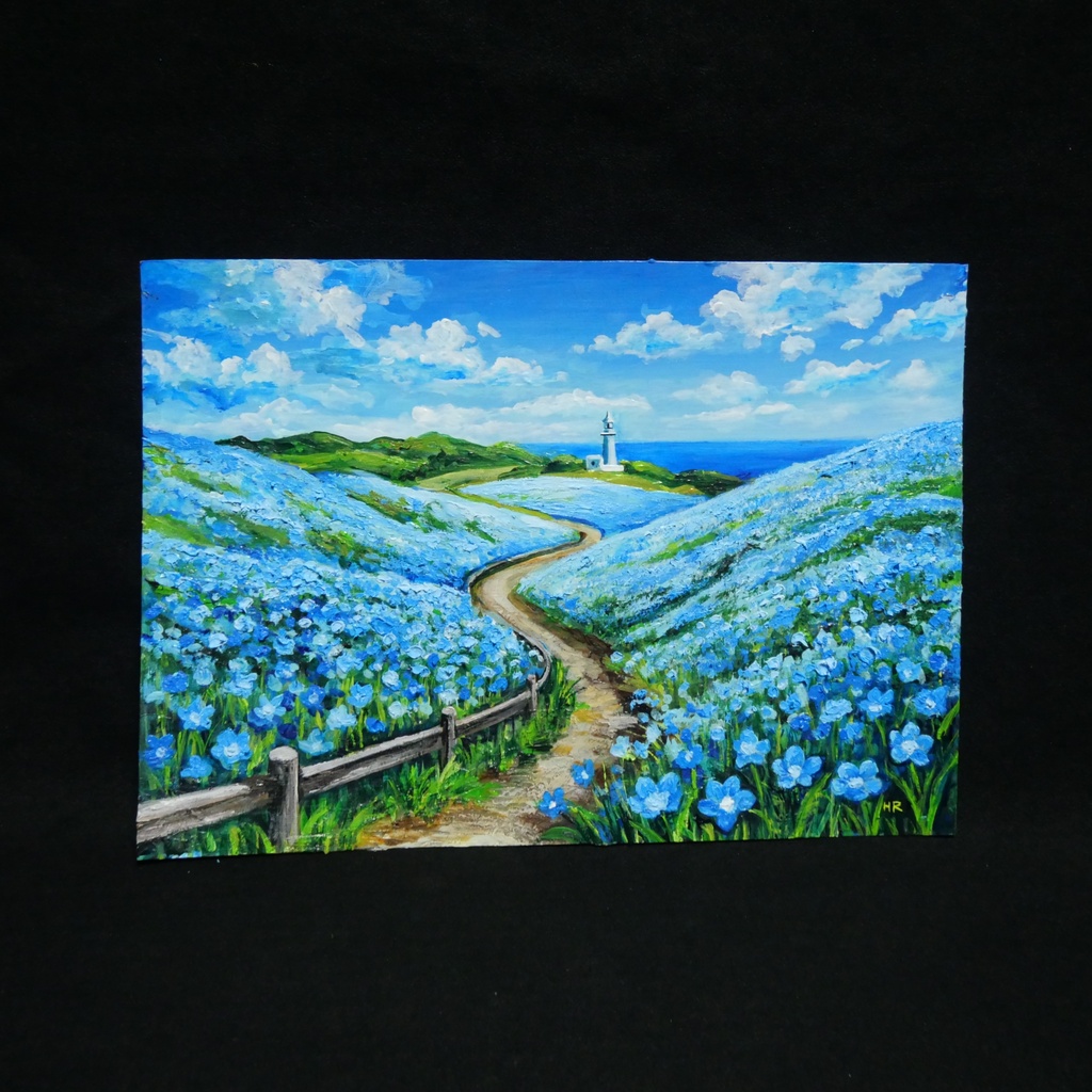 油絵 絵画 原画【奇跡の青に染まる岬】海 風景画 ネモフィラ 灯台 春 初夏 青 ブルー 額縁 インテリアアート