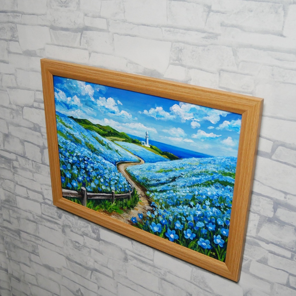 油絵 絵画 原画【奇跡の青に染まる岬】海 風景画 ネモフィラ 灯台 春 初夏 青 ブルー 額縁 インテリアアート