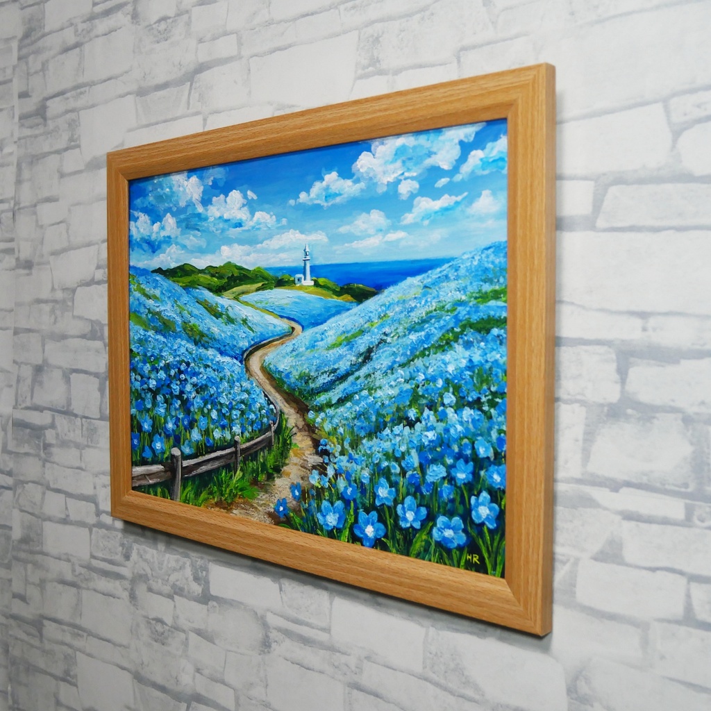 油絵 絵画 原画【奇跡の青に染まる岬】海 風景画 ネモフィラ 灯台 春 初夏 青 ブルー 額縁 インテリアアート