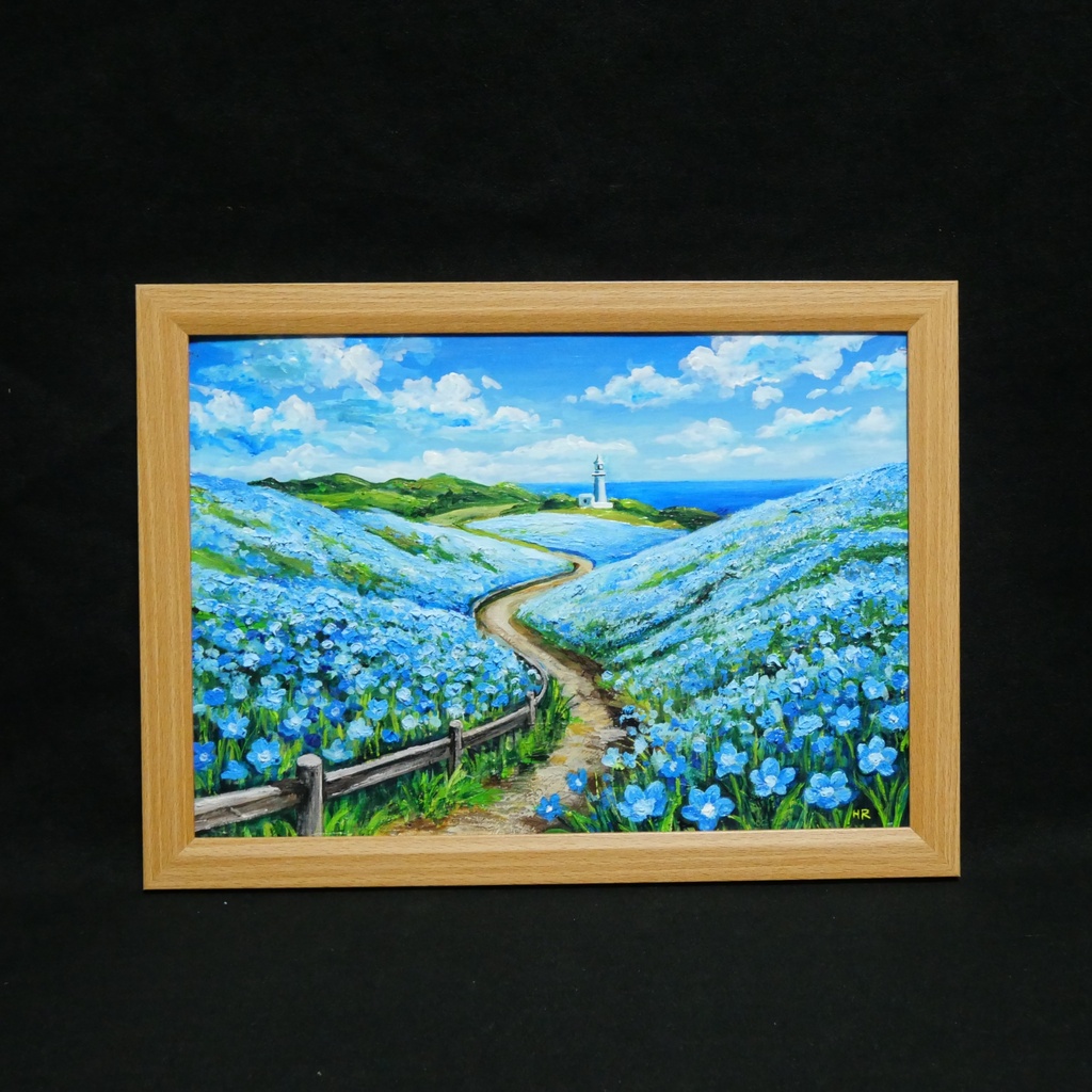 油絵 絵画 原画【奇跡の青に染まる岬】海 風景画 ネモフィラ 灯台 春 初夏 青 ブルー 額縁 インテリアアート