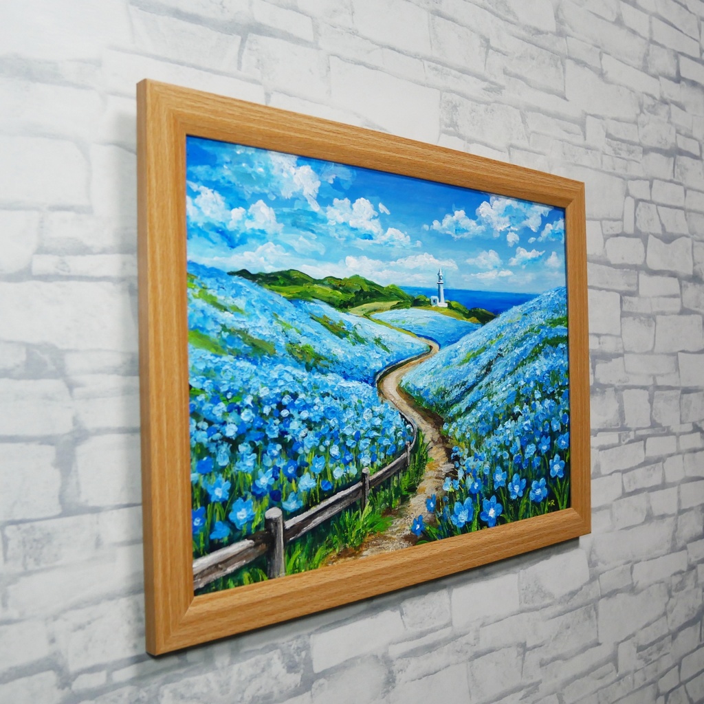 油絵 絵画 原画【奇跡の青に染まる岬】海 風景画 ネモフィラ 灯台 春 初夏 青 ブルー 額縁 インテリアアート
