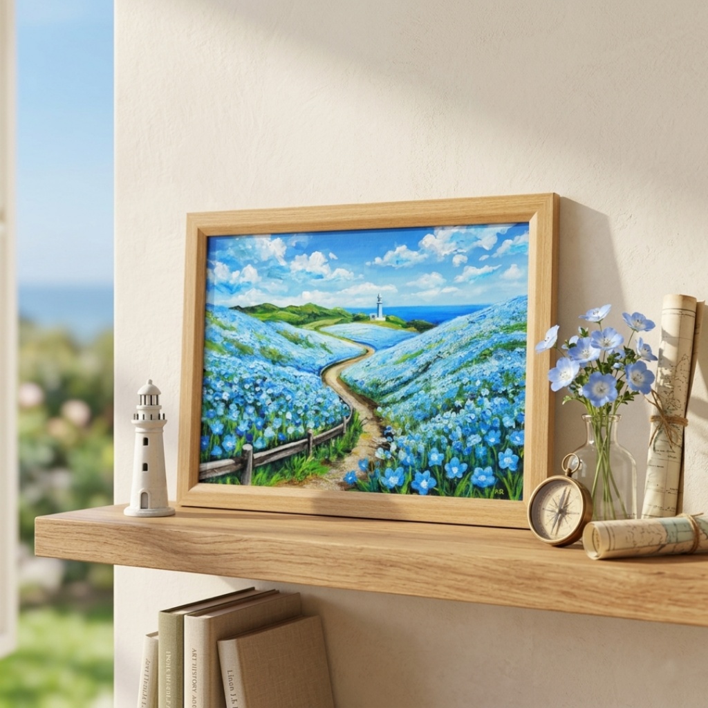 油絵 絵画 原画【奇跡の青に染まる岬】海 風景画 ネモフィラ 灯台 春 初夏 青 ブルー 額縁 インテリアアート　