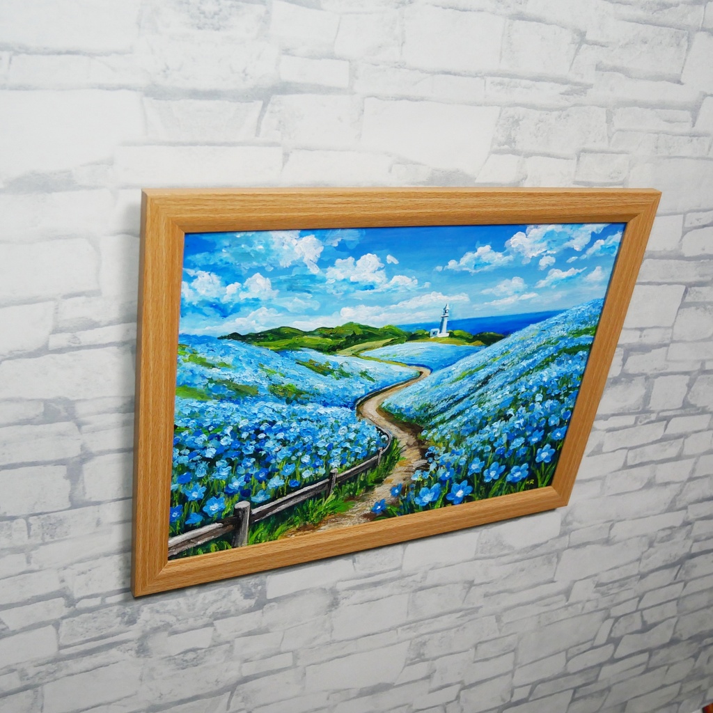 油絵 絵画 原画【奇跡の青に染まる岬】海 風景画 ネモフィラ 灯台 春 初夏 青 ブルー 額縁 インテリアアート