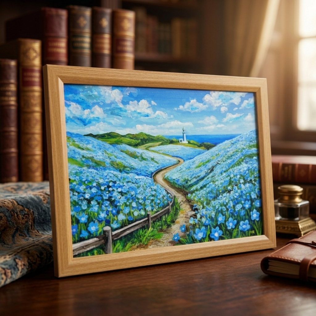 油絵 絵画 原画【奇跡の青に染まる岬】海 風景画 ネモフィラ 灯台 春 初夏 青 ブルー 額縁 インテリアアート