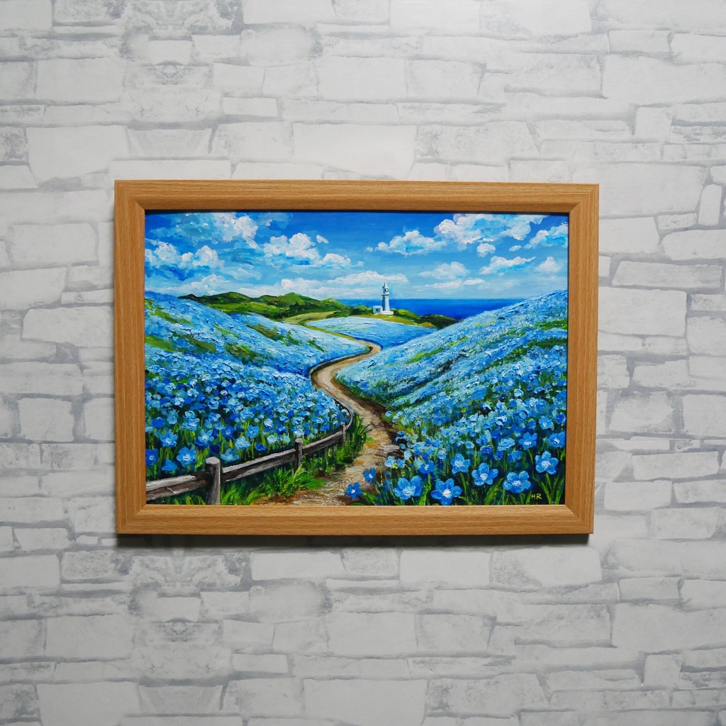 油絵 絵画 原画【奇跡の青に染まる岬】海 風景画 ネモフィラ 灯台 春 初夏 青 ブルー 額縁 インテリアアート