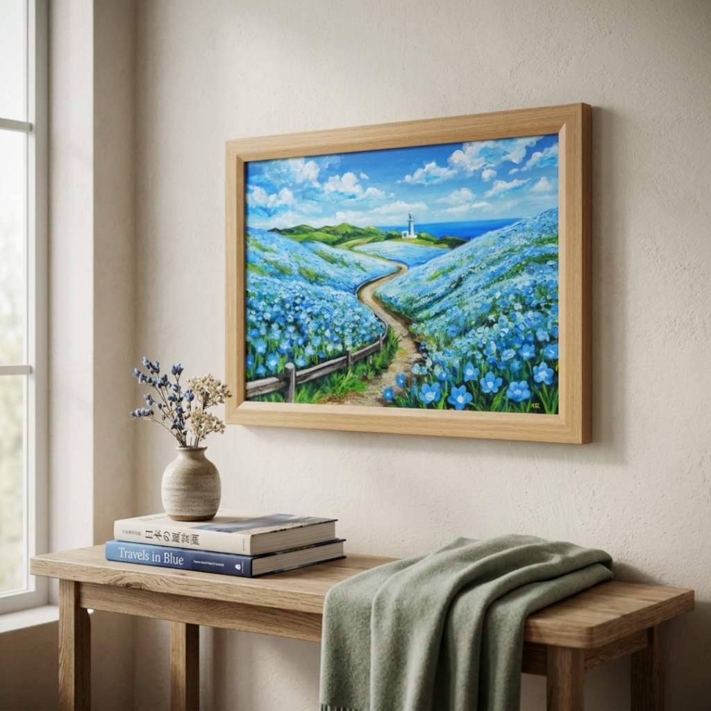 油絵 絵画 原画【奇跡の青に染まる岬】海 風景画 ネモフィラ 灯台 春 初夏 青 ブルー 額縁 インテリアアート