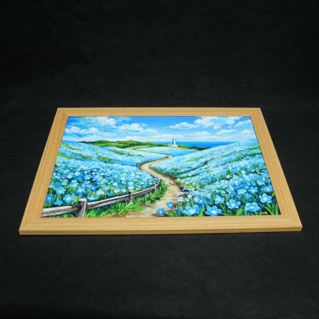 油絵 絵画 原画【奇跡の青に染まる岬】海 風景画 ネモフィラ 灯台 春 初夏 青 ブルー 額縁 インテリアアート