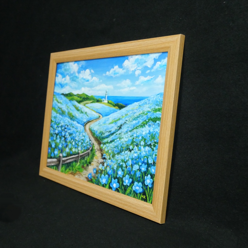 油絵 絵画 原画【奇跡の青に染まる岬】海 風景画 ネモフィラ 灯台 春 初夏 青 ブルー 額縁 インテリアアート