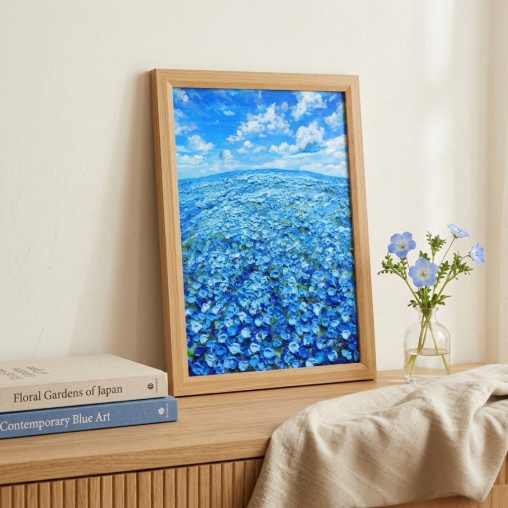 油絵 原画【青の楽園】ネモフィラ 春の風景画 絵画 インテリアアート 壁掛け