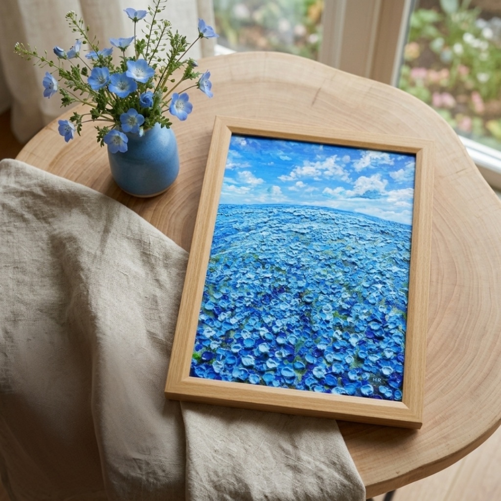 油絵 原画【青の楽園】ネモフィラ 春の風景画 絵画 インテリアアート 壁掛け
