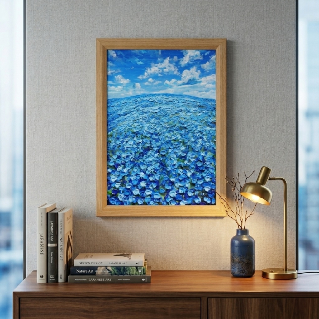 油絵 原画【青の楽園】ネモフィラ 春の風景画 絵画 インテリアアート 壁掛け