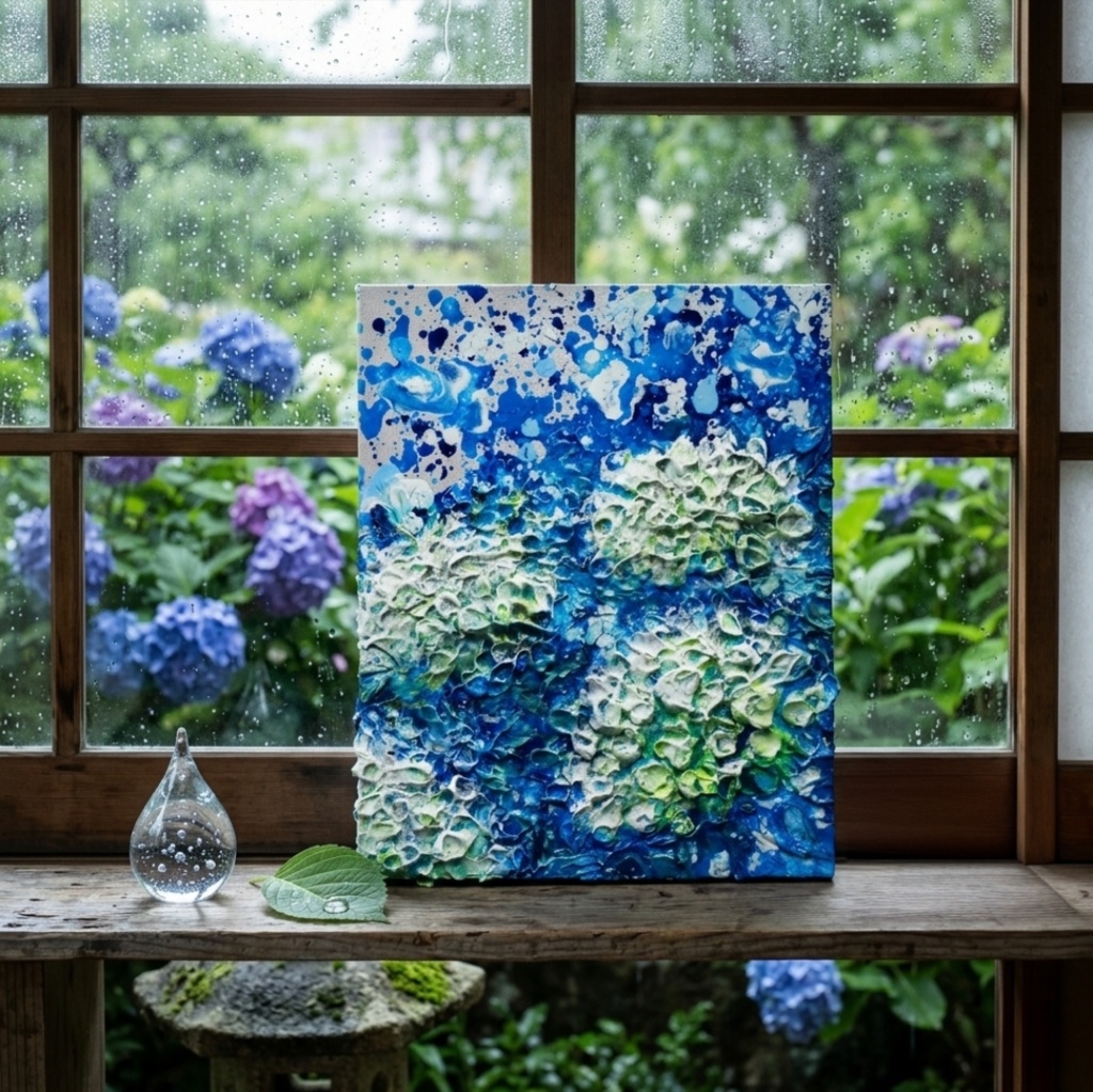 【初夏の雫】3Dテクスチャーアート / 紫陽花カラーのモダン油絵