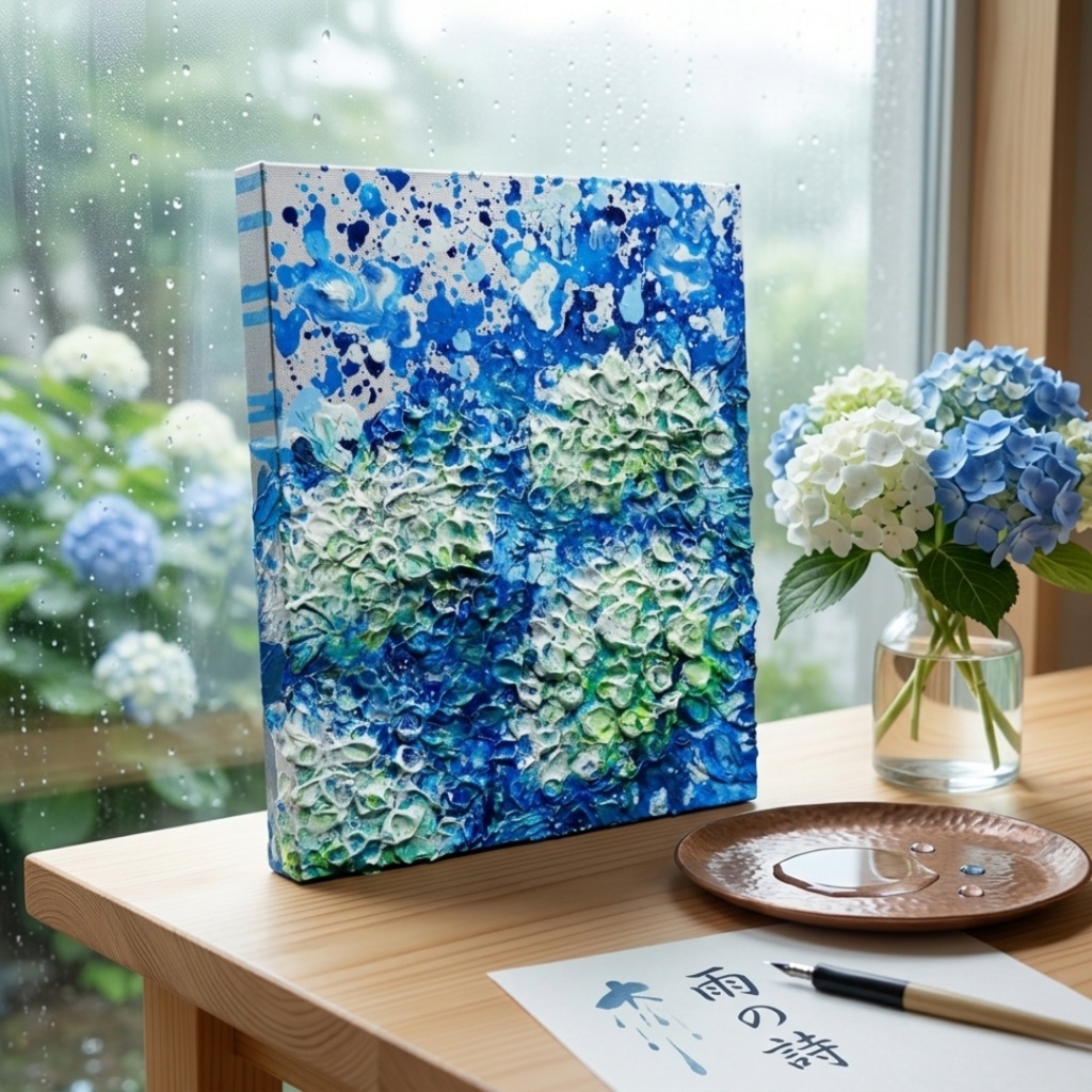 【初夏の雫】3Dテクスチャーアート / 紫陽花カラーのモダン油絵